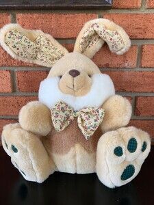 Vintage Plush Easter Bunny with Plaid Carrot Feet Rabbit Spring Stuffed Animal